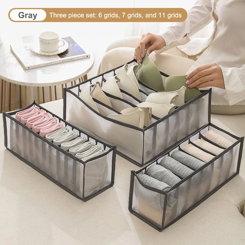 Multifunctional Folding Drawer-Style Fabric Storage Box For Underwear And Socks Qme Grey 3Pcs