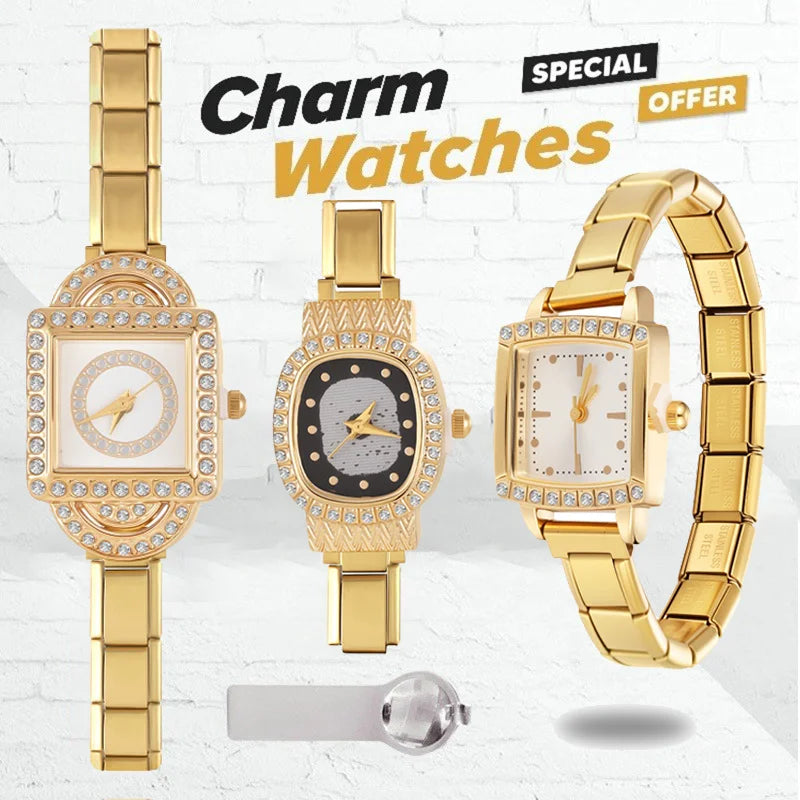 Women Men's DIY 9mm Width Italian Charm Golden Stainless Steel Square Zircon Watch Bracelet Head Unique Bangles Gift Wholesale Qme