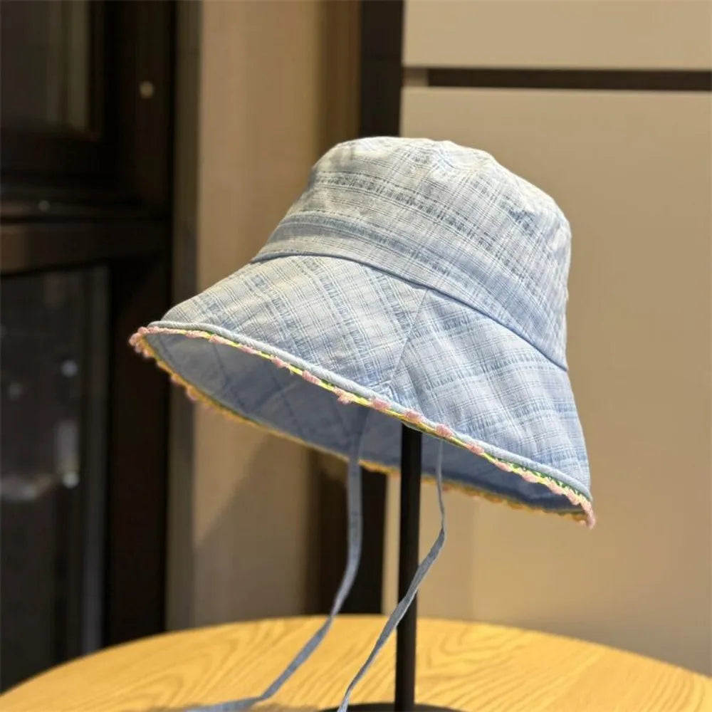Fashion Lace Up Women Fisherman Hat Plaid Solid Color Summer Sun Hat Sun Protection Breathable Lace Flower Bucket Hat Camping Qme Light Blue