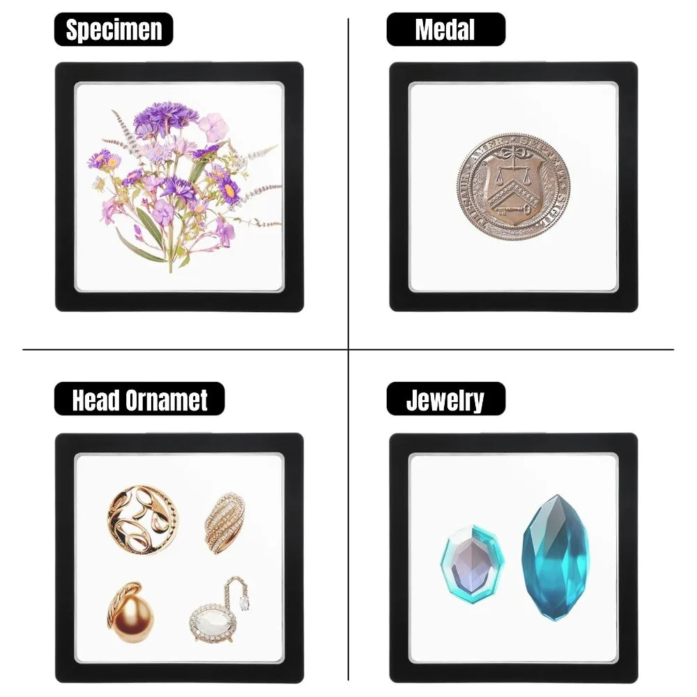 PE Film Display Box 3D Floating Coin Ring Necklace Earring Packaging Box 7x7cm Transparent Visible Jewelry Dustproof Storage Box Qme