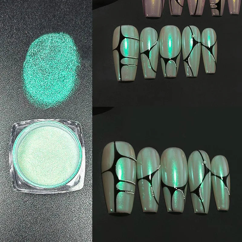 Icy Aurora Glitter Powder, Fairy Nail Glitter with Polarizing Shine, Transparent Holographic Mirror Glitter for Nail Art, 1g Qme Aurora Dark Green