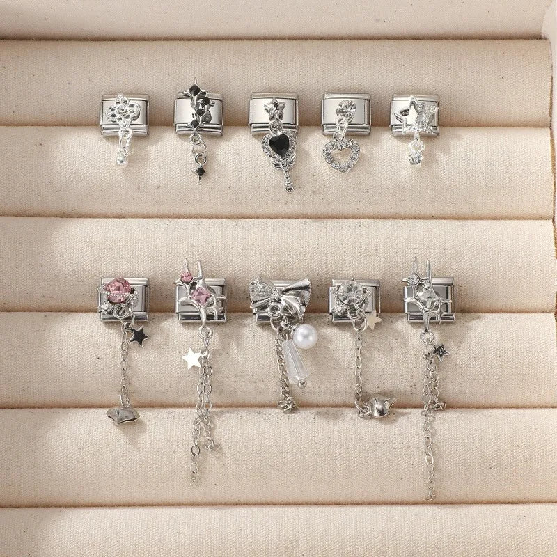 Women Zircon Pink Black Shiny Stars Heart Bow Pearl Pendant Italian Charm Links Fit 9mm Stainless Steel Bracelet DIY Making Gift Qme