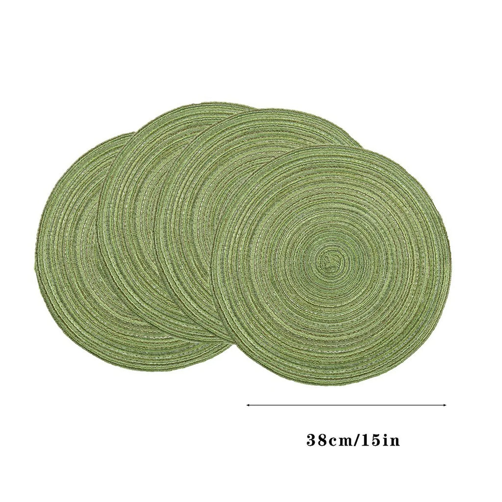 Four Piece Green Color Active Vintage Anti Slip Dining Table Meal Mat Woven Round Non-Slip Tableware Bowl Pads Drink Cup Coaster Qme