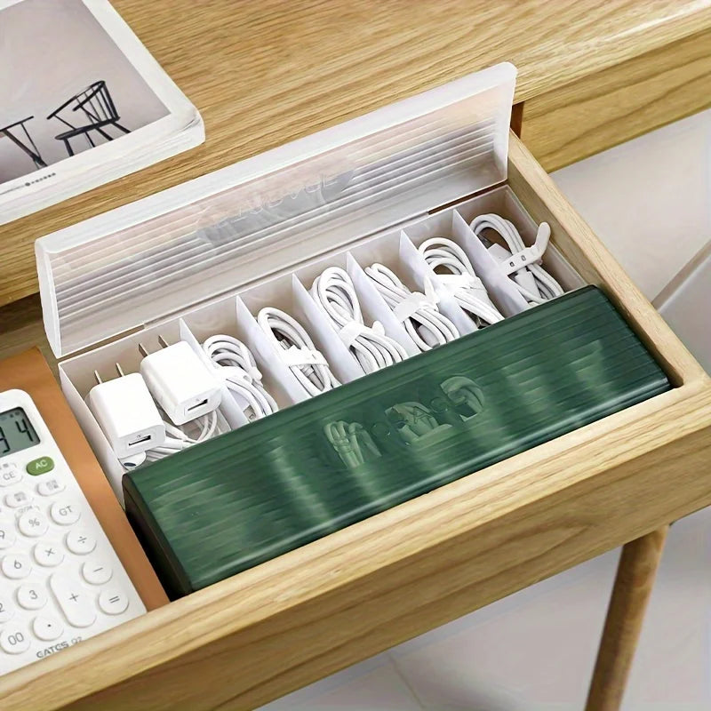 1pc Data Cable Storage Box Plastic Mobile Phone Charger Cable Storage Box Sorting Grid Winder Power Cord Organizer Qme