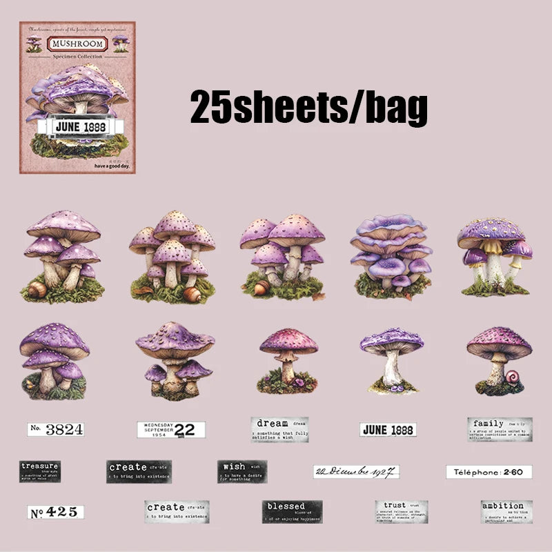 25 Sheets/Pack Vintage Mystical Mushroom Stickers for DIY Crafts Scrapbooking Phone Case Planner Journal Decoration Qme 2