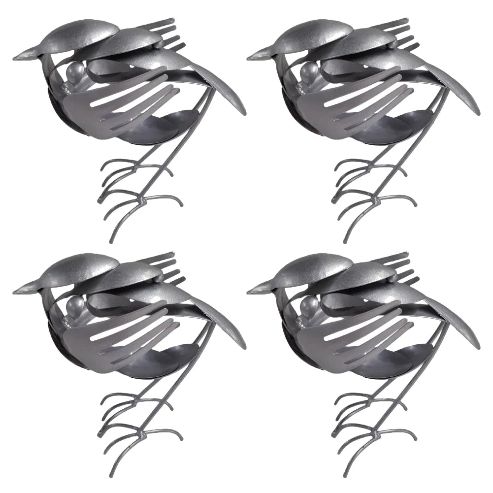 Metal Bird Sculpture for Outdoor Garden Yard Decor Handmade Recycled Fork & Spoon Bird Statue Unique Gift for Bird Lovers Qme 4 PCS