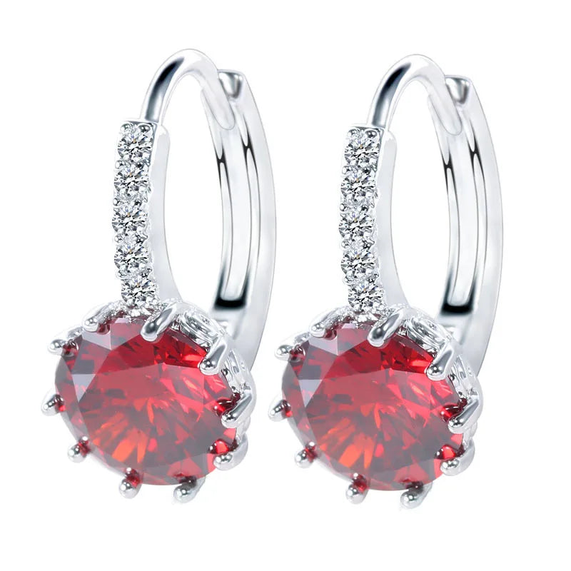 Big Sale 925 Sterling Silver Color Loop Hoop Earrings Candy Cubic Zircon Charms Women Jewelry Wedding Accessory Brincos Qme Red round