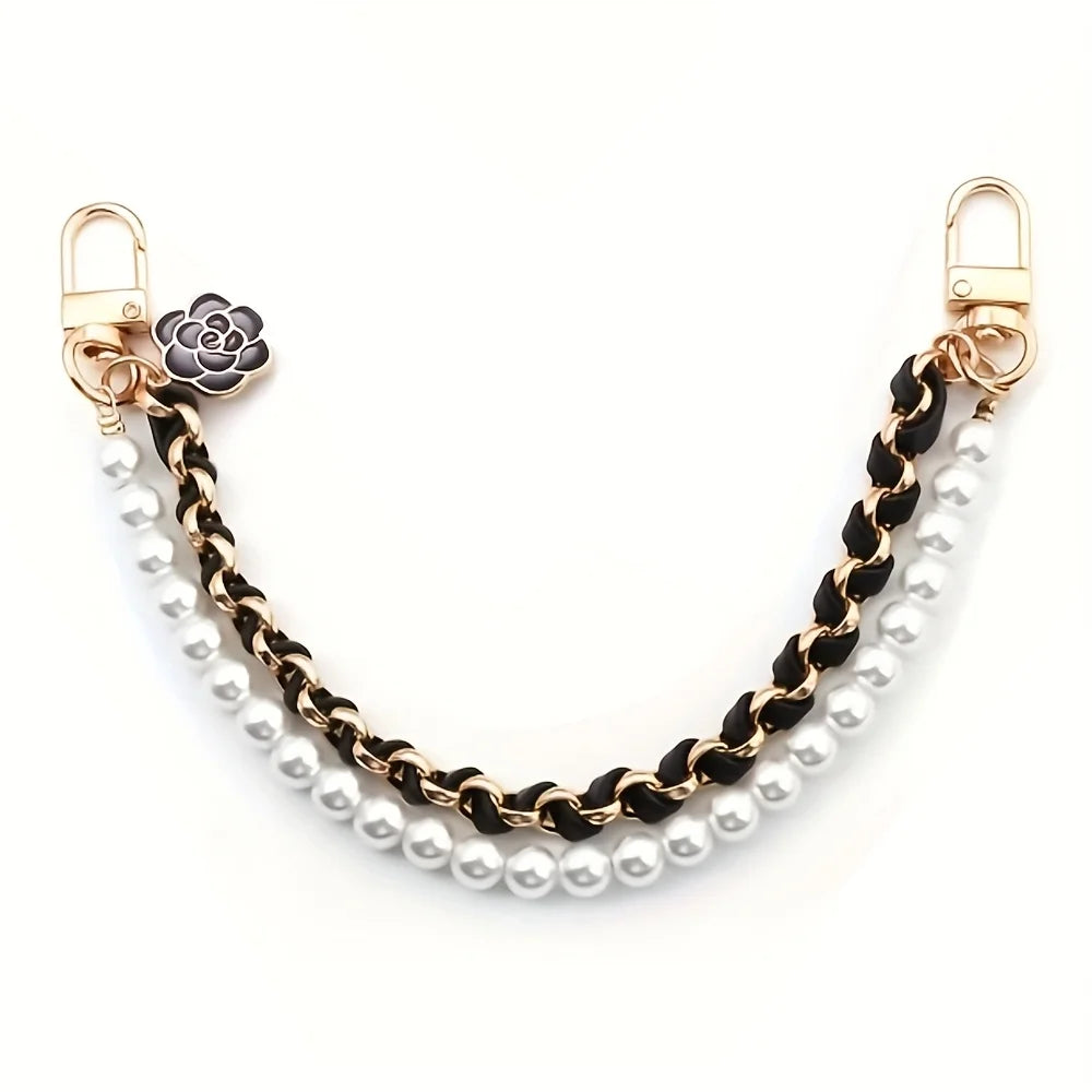 Pearl Purse Extender Chain Bag Imitation Pearl Short Handle Replacement Bag Chain Strap for Handbags Decoration Qme Black 1pc
