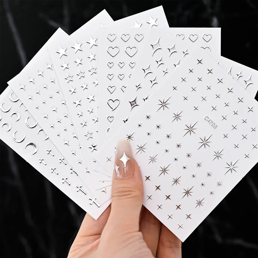 6 Sheets Metal Silver Nail Stickers Metallic 3D Star Nail Art Stickers Decals Self-Adhesive Nail Art Stickers Metal Chain Heart Qme