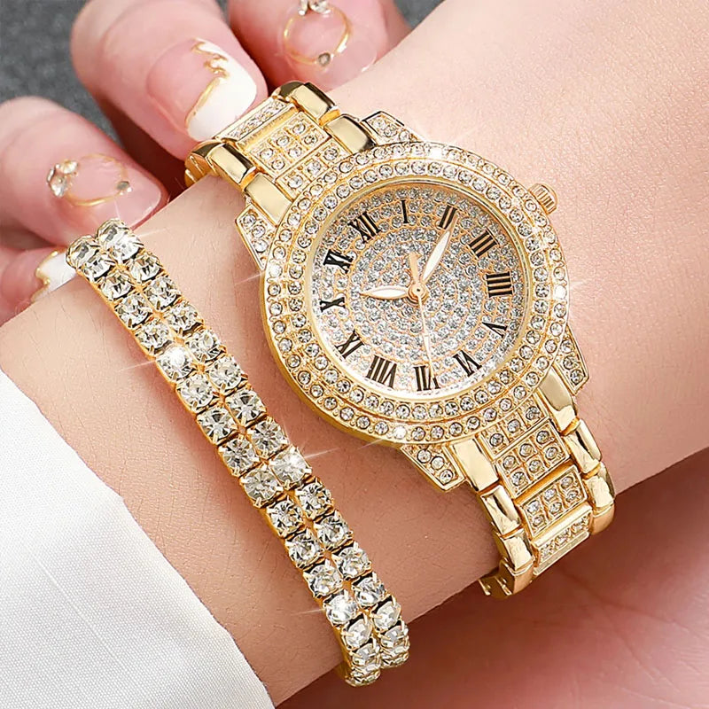 6PCS/Set Fashion Full Diamond Women's Watch Gold Steel Band Quartz Watches Diamond Jewelry Set Qme