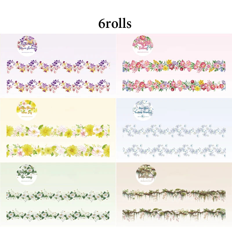 Floral Aesthetic Washi Tape Set, Fresh Spring & Summer Natural Vibe Decor, Ideal for Stationery Lovers & Journal Creators Qme 6 Rolls
