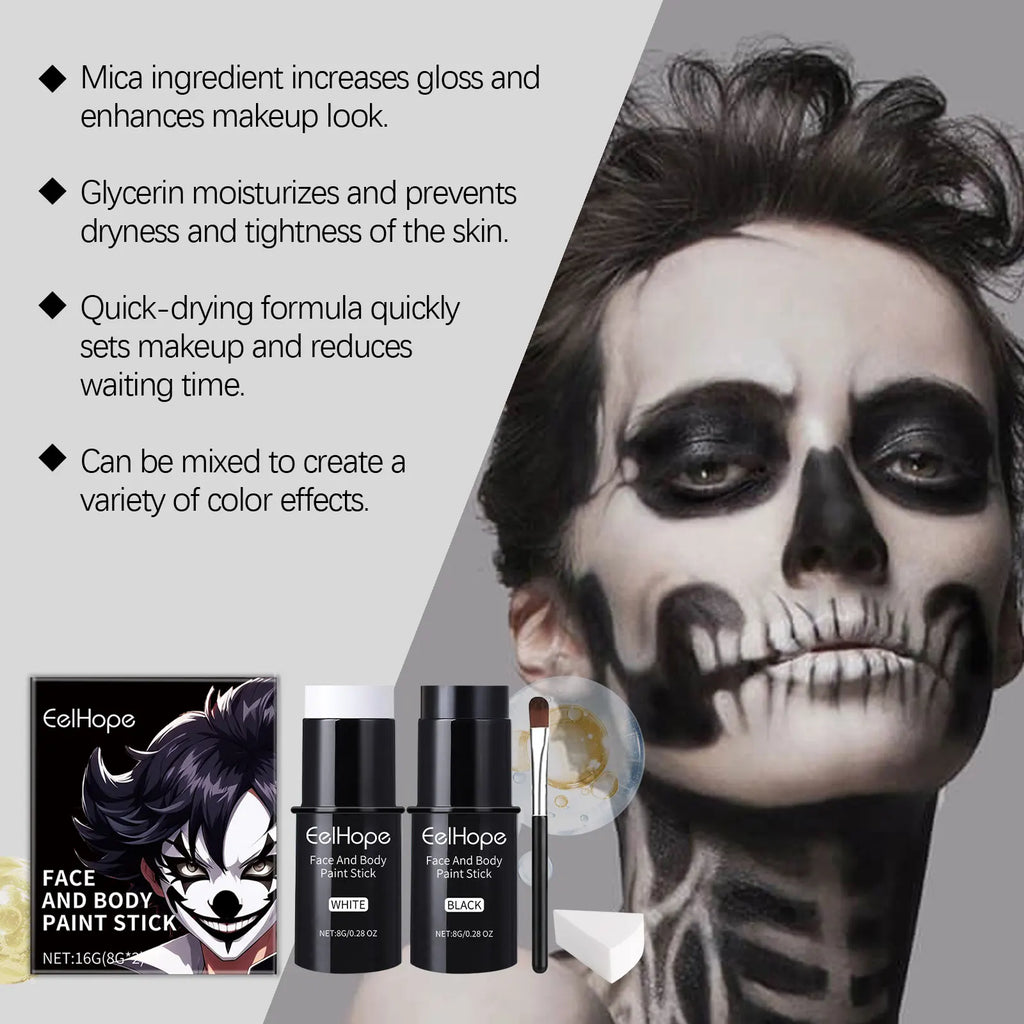 Halloween Black White Face Body Paint Kit Full Coverage Lighweight Foundation Clown Joker Makeup Festive Makeup Accessories Set Qme