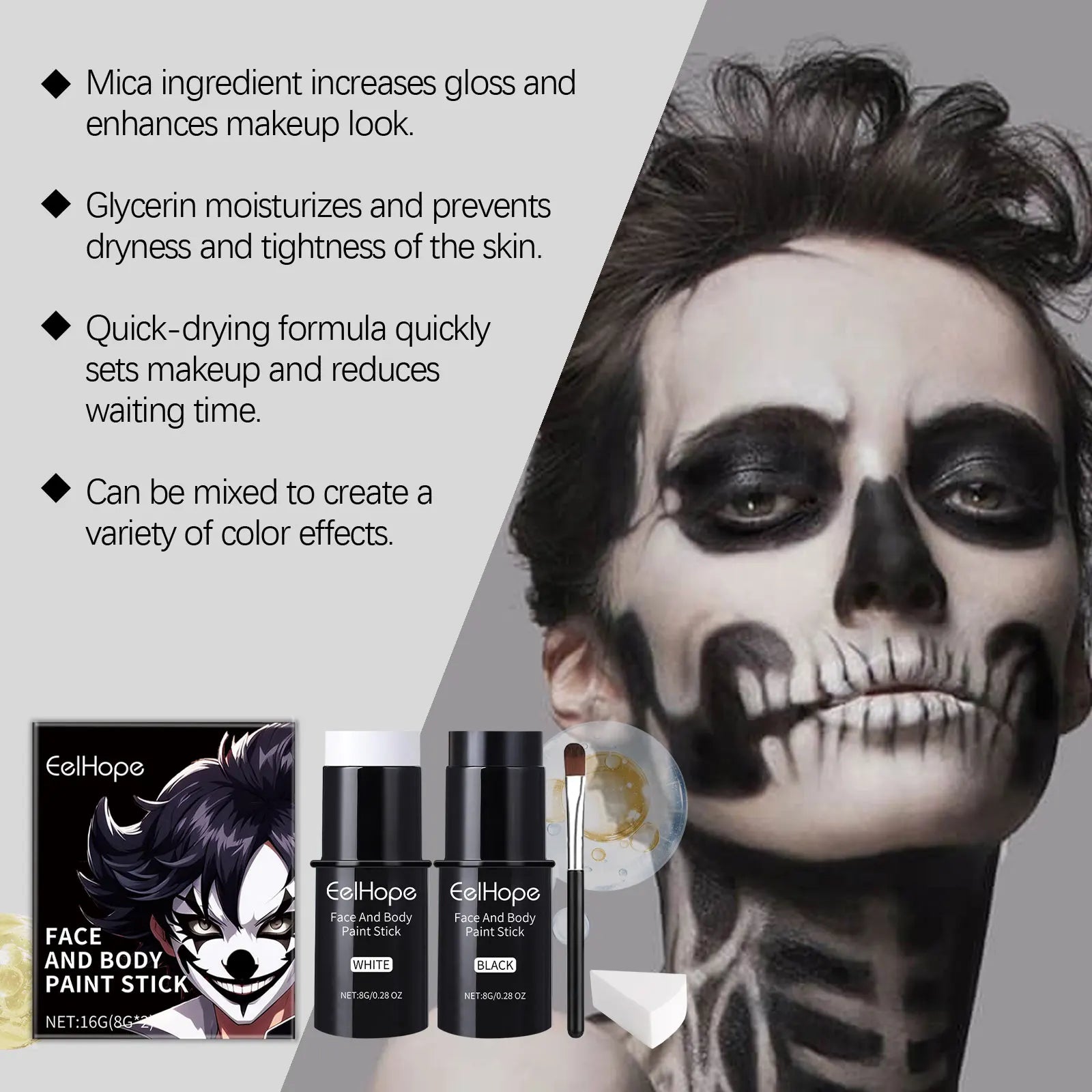 Halloween Black White Face Body Paint Kit Full Coverage Lighweight Foundation Clown Joker Makeup Festive Makeup Accessories Set Qme