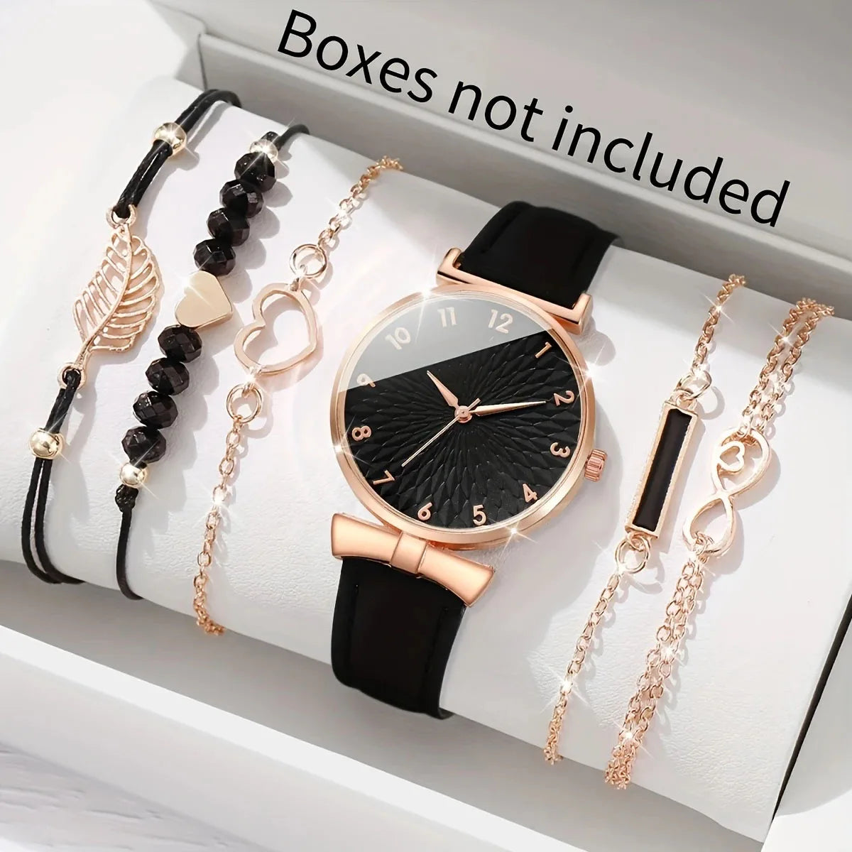 New Black Rose Gold Women's Watch Set with Belt Quartz Watch and Bracelet Six Piece Set (Box Not Included) Qme 1