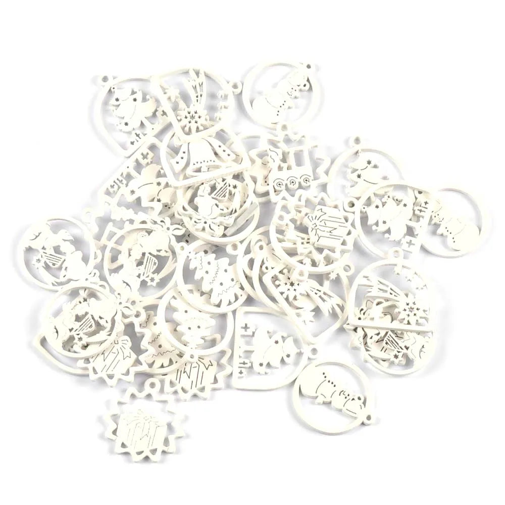30Pcs Christmas Tree Bell White Wooden Pendant Hanging Oranment DIY Scrapbooking Xmas Party Home Decorations Wood Crafts c3520 Qme
