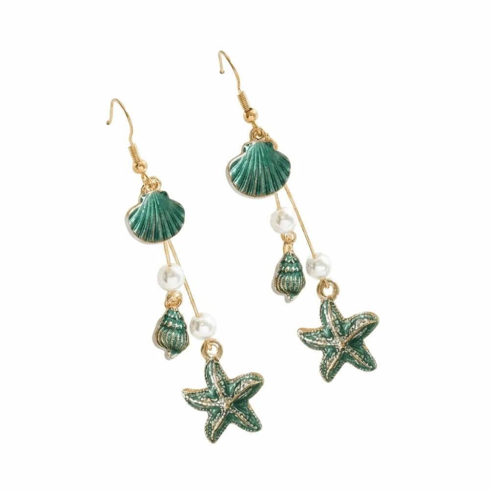 Bohemian Style Alloy Starfish Drop Earrings Shell Elegant Long Tassel Earrings Conch Geometric Shape Pendant Earrings Gift Qme Green