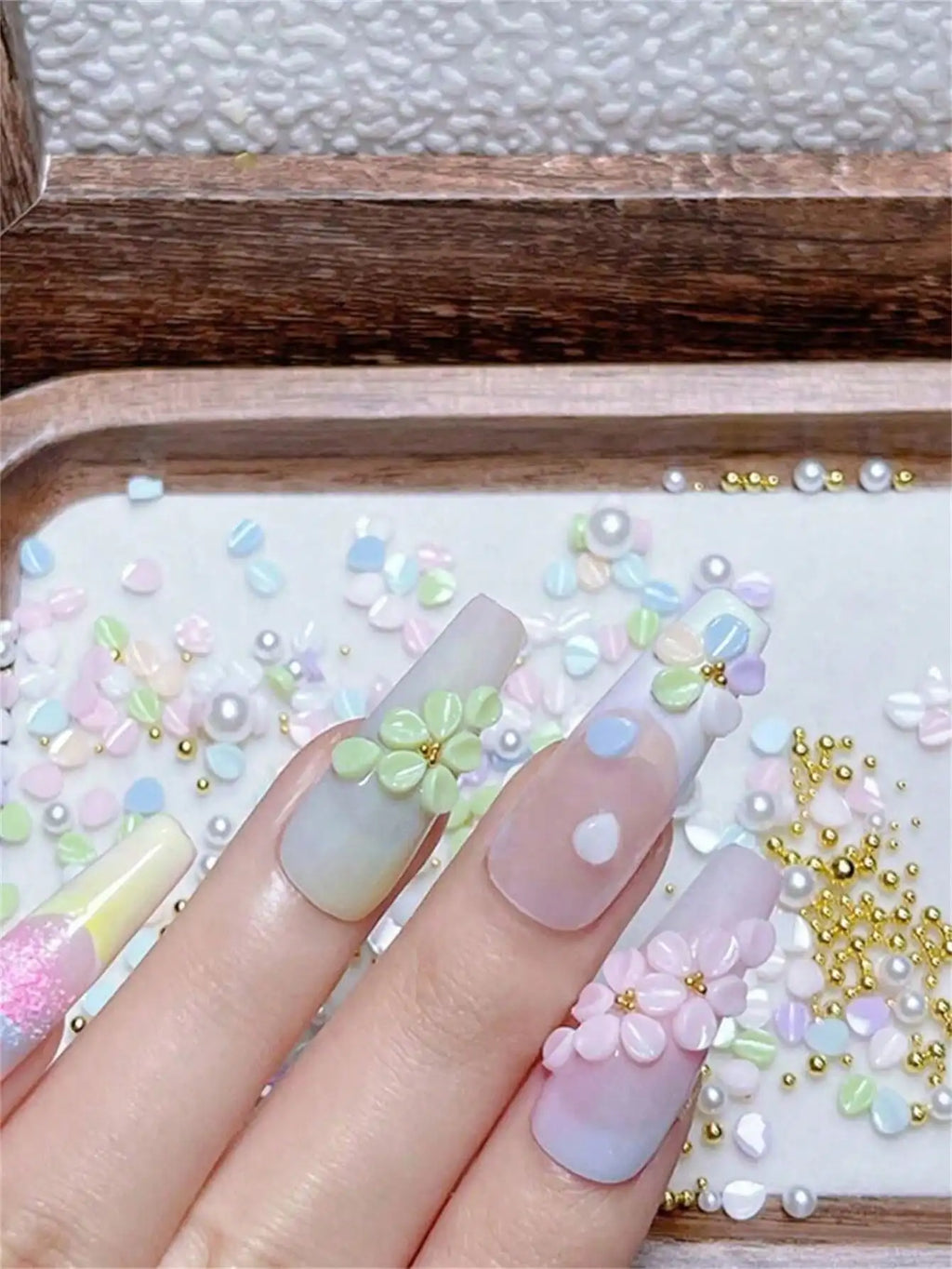 Flower Nail Charms Rhinestones Pearls Floral Art Accessories Supplies Qme