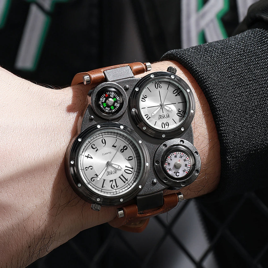 2 pçs/set luxo grande dial masculino relógios de quartzo casual pulseira de couro relógios de pulso esporte para homem 4 Qme