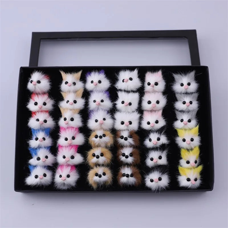 3pcs New Creative Cute Plush Cat Dog Animal Metal Open Ring Adjustable Jewelry Gift Box Set Birthday and Holiday Gifts Qme