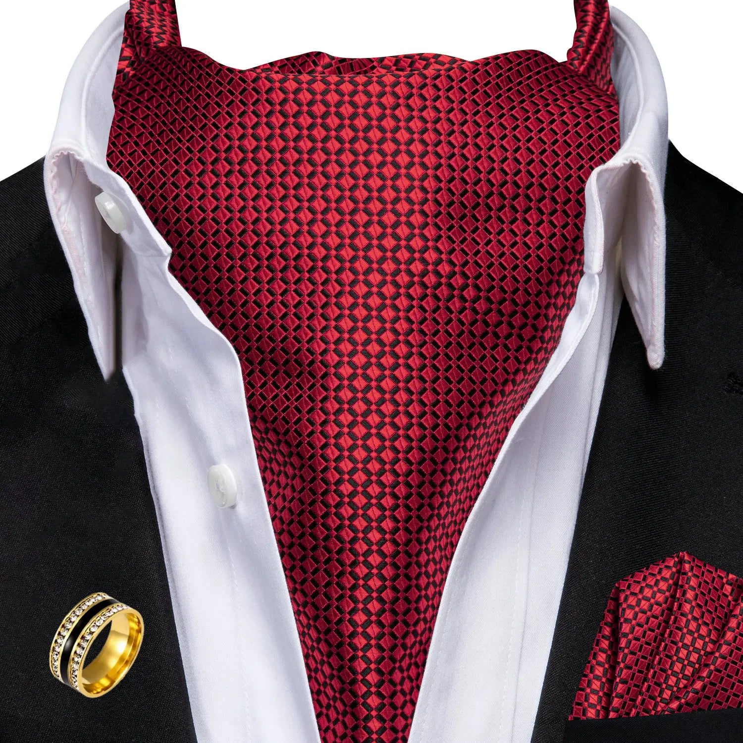 Ascot Tie Set, Classic Cravat with Pocket Square & Decorative Ring, Fashion Men's Neck Accessories Wedding Party silk Daily Wear Qme AS-1161-JZ0020