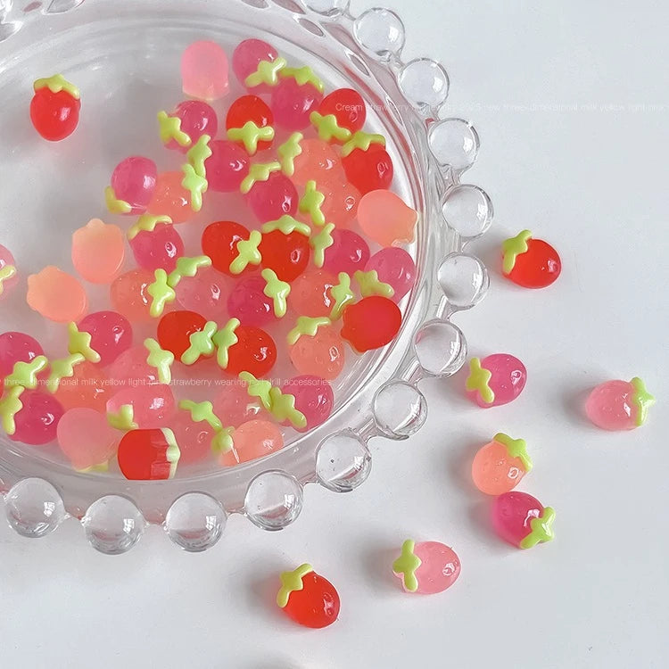 50pcs Pink Cherry Nail Charms, 3D Resin Cute Strawberry Fruit Nail Art Decorations, Flat Back Green Leaf Cherry DIY Manicure Qme Strawberry 04 50pcs