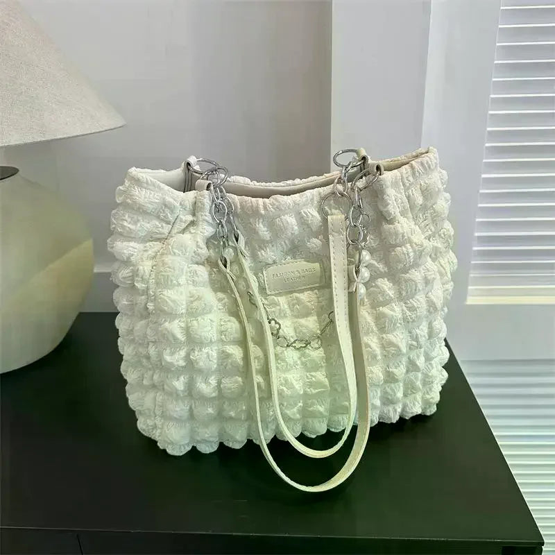 Bubble Textured Tote Bag Pearl Chain Decoration Large Capacity For Shopping Dating Office Commute Qme