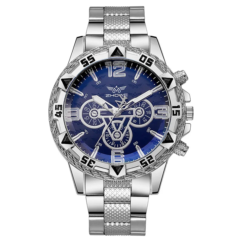 Men's Watch Blue Light Glass Quartz Watch Fashion Classic Watch Fake Three Eye Digital Alloy Watch Qme Silver Black
