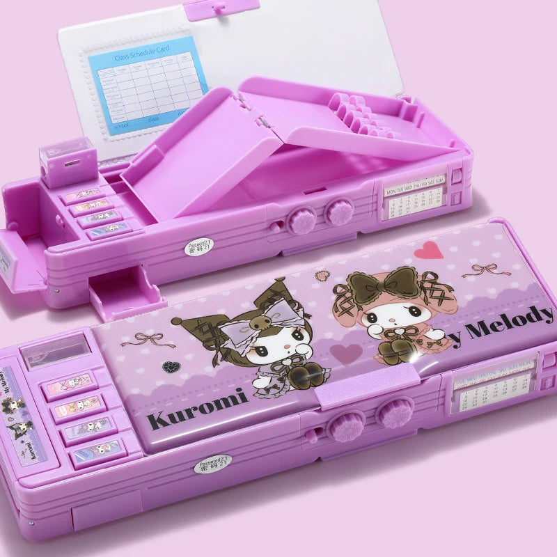 Hello Kitty Kuromi Cartoon Pencil Case With Combination Lock Multifunctional, Large-Capacity,Two-Tier Pencil Case for Students Qme