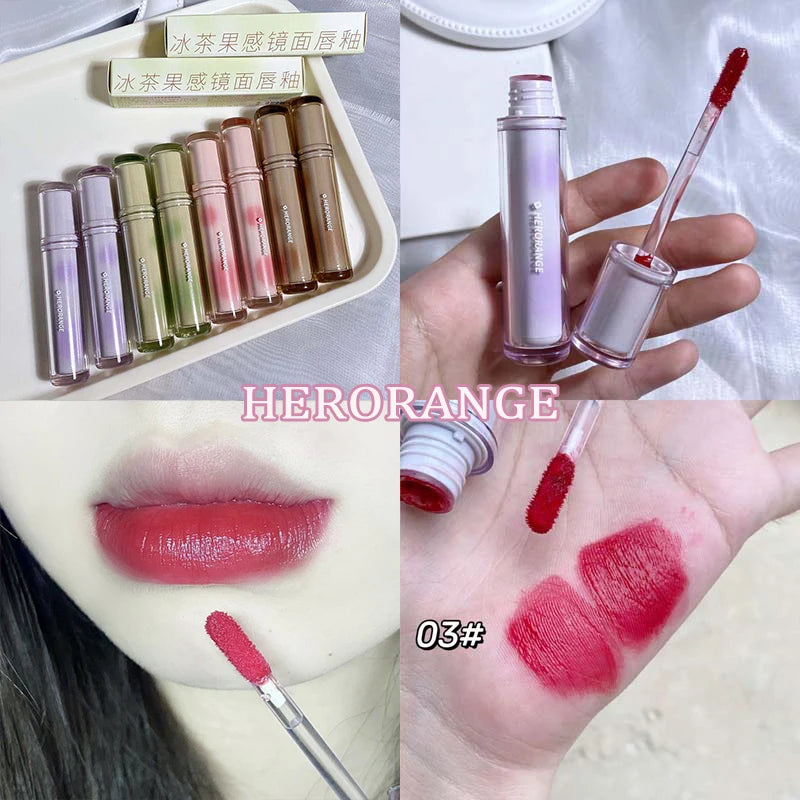 Iced Tea Mirror Lip Glaze Watery Lip Gloss Waterproof Lasting Transparent Jelly Liquid Lipstick Womon Beauty Makeup Lip Cosmetic Qme 03 HERORANGE