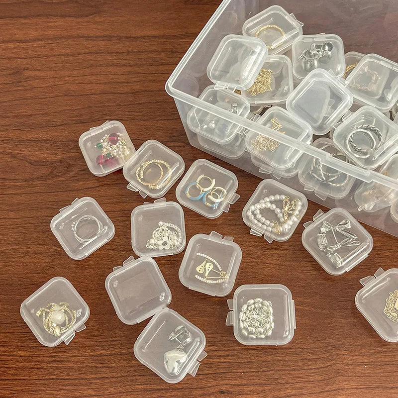 Mini Plastic Jewelry Storage Box Square Transparent Flip Portable Pill Container Jewelry Holder Packaging Earrings Display Case Qme