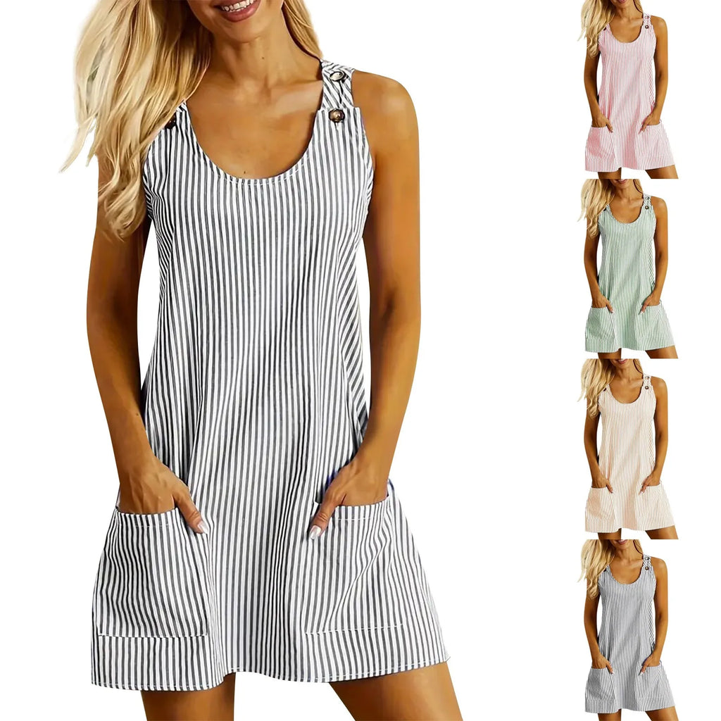 Summer Fashion Stripped Patchwork Commuting U-Neck Sleeveless Pockets Back Button Casual Straight Slimming Mini Dress For Women Qme