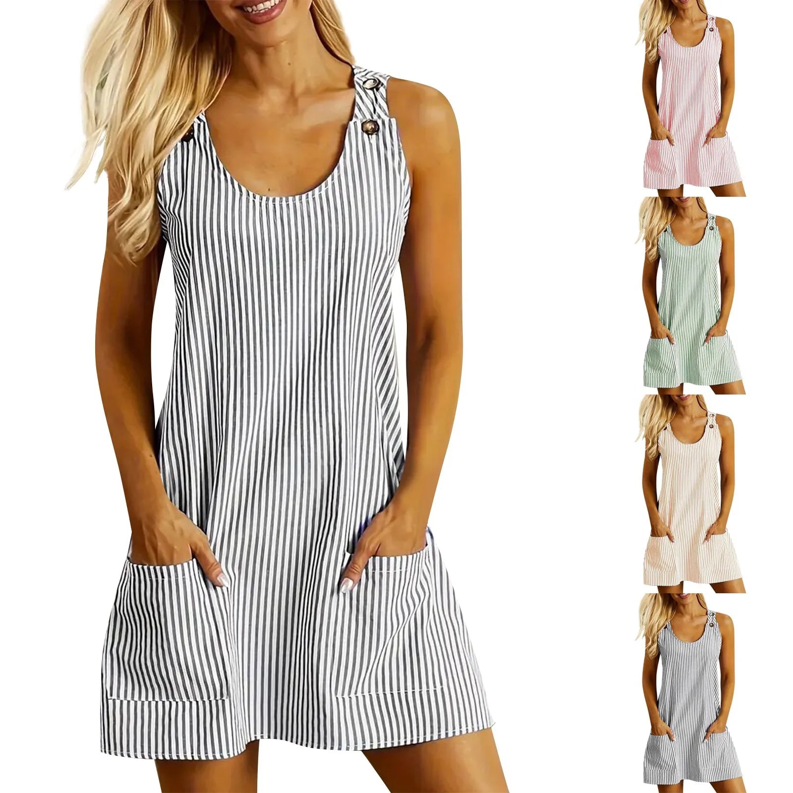Summer Fashion Stripped Patchwork Commuting U-Neck Sleeveless Pockets Back Button Casual Straight Slimming Mini Dress For Women Qme