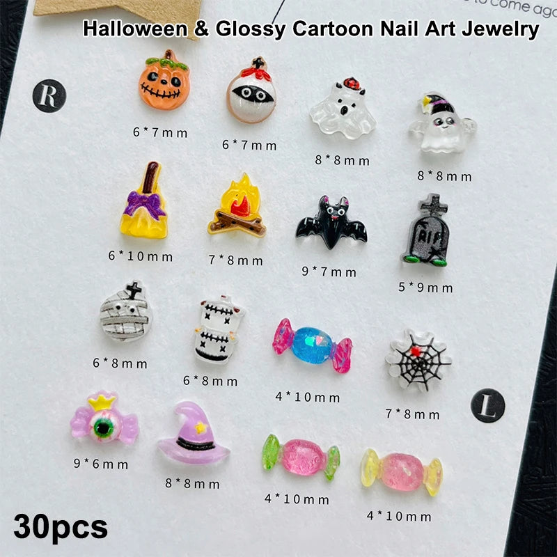 30pcs Halloween Nail Art Charm 3D Kawaii Pumpkin Ghost Halloween Resin Decorations Cartoon Clown Mini Figurines Resin Nail DIY Qme Default Title