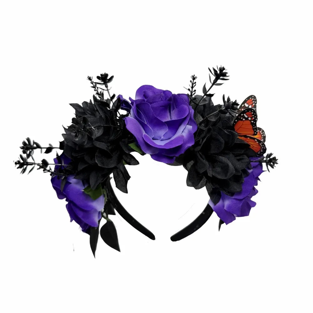 Gothic Halloween Rose Flower Crown with Butterfly Realistic Artificial Flower Headband Simulated Vintage Qme Style C