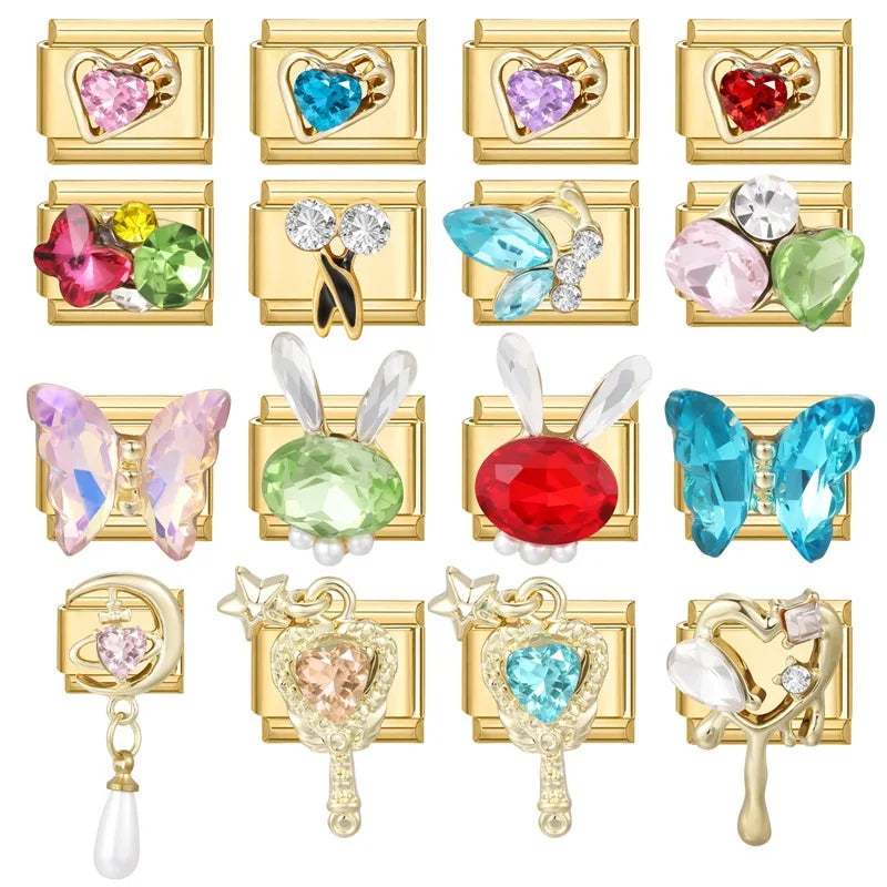 2026 Fashion Unique Colorful Luxury Gems Zircon Gold Color Italian Charm Links Fit 9MM Stainless Steel Bracelet DIY Making Gifts Qme