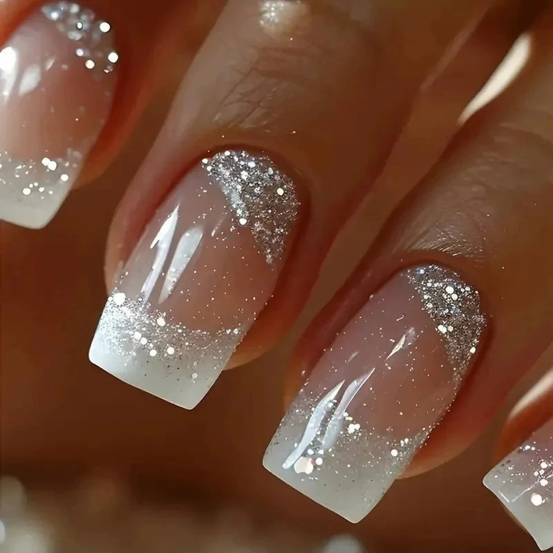 Silver square fake nails glitter inlay delicate and gorgeous simple and generous suitable with 1 Jelly Gel and 1 Nail File Qme