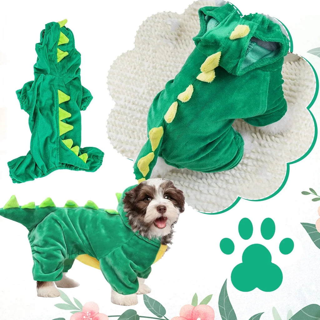 Fashion Dog Fleece Green Dinosaur Transformation Costume Halloween Party Pet Cosplay Costume Sofy and Comfy Dog Romper Qme