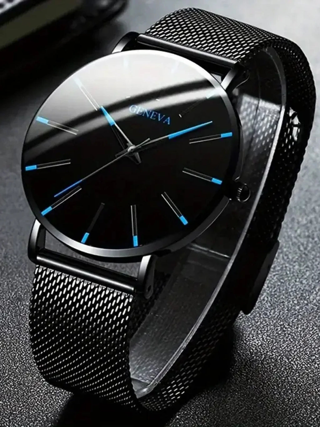 3Pcs Geneva Minimal Mesh Band Watch Set with Cross Necklace & Textured Ring for Men Qme