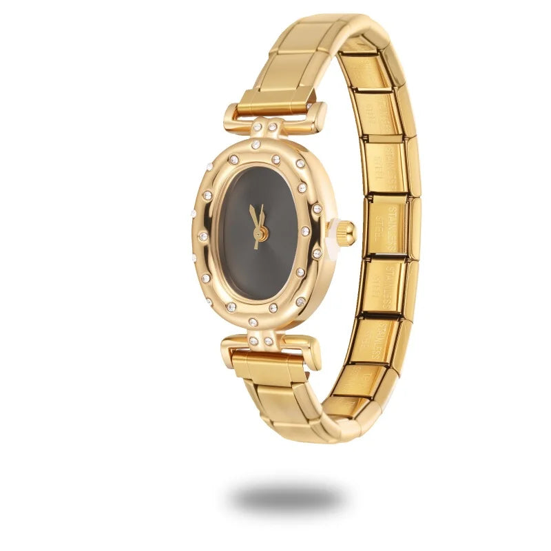2025New Vintage Oval Inlaid Zircon Stainless Steel Watch Bracelet