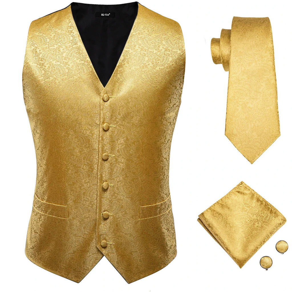 Hi-tie Luxury Gold Mens Vest Silk Tie Hanky Cufflinks Jacquard Floral Qme