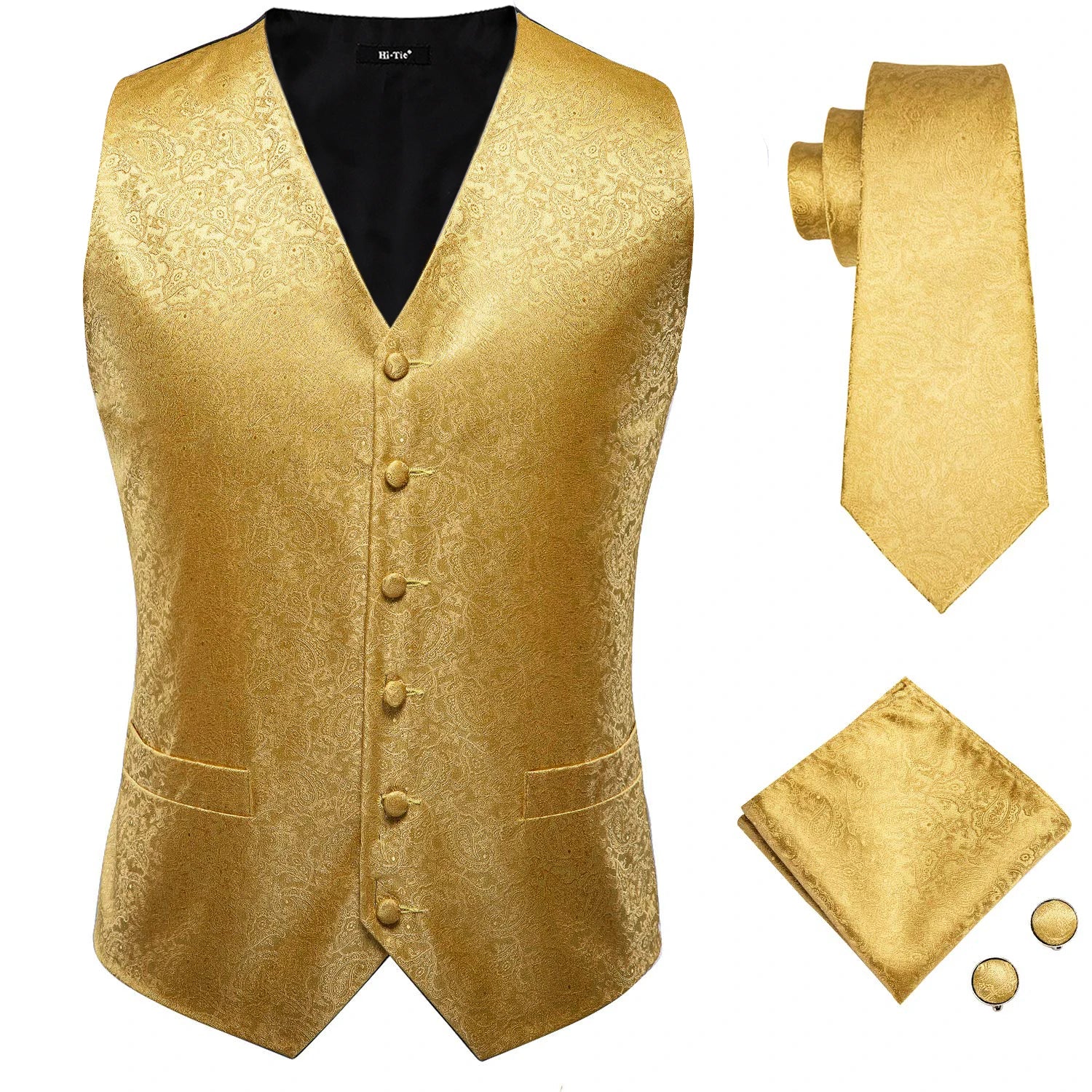 Hi-tie Luxury Gold Mens Vest Silk Tie Hanky Cufflinks Jacquard Floral Qme