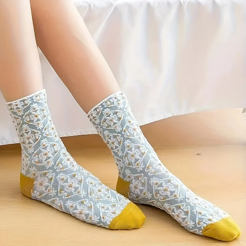3pairs Floral Print Court Socks - Elegant, Breathable Fabric, Sweat-Absorbent, Comfortable Stockings for Daily WearRandom color Qme