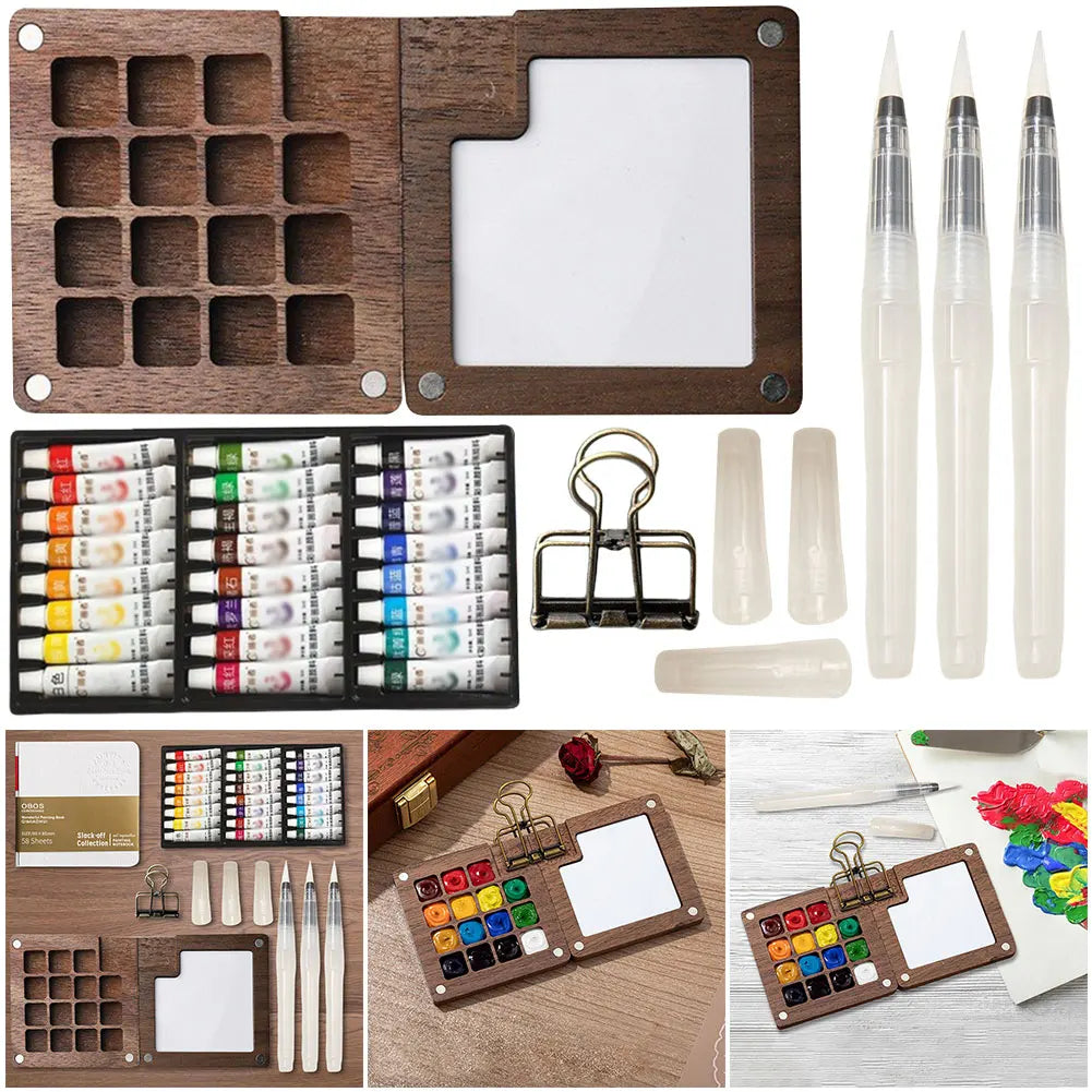 Travel Paint Palette Mini Watercolor Palette Set with Clip Portable Watercolor Set Wooden Grid Paint Box for Watercolor Painting Qme