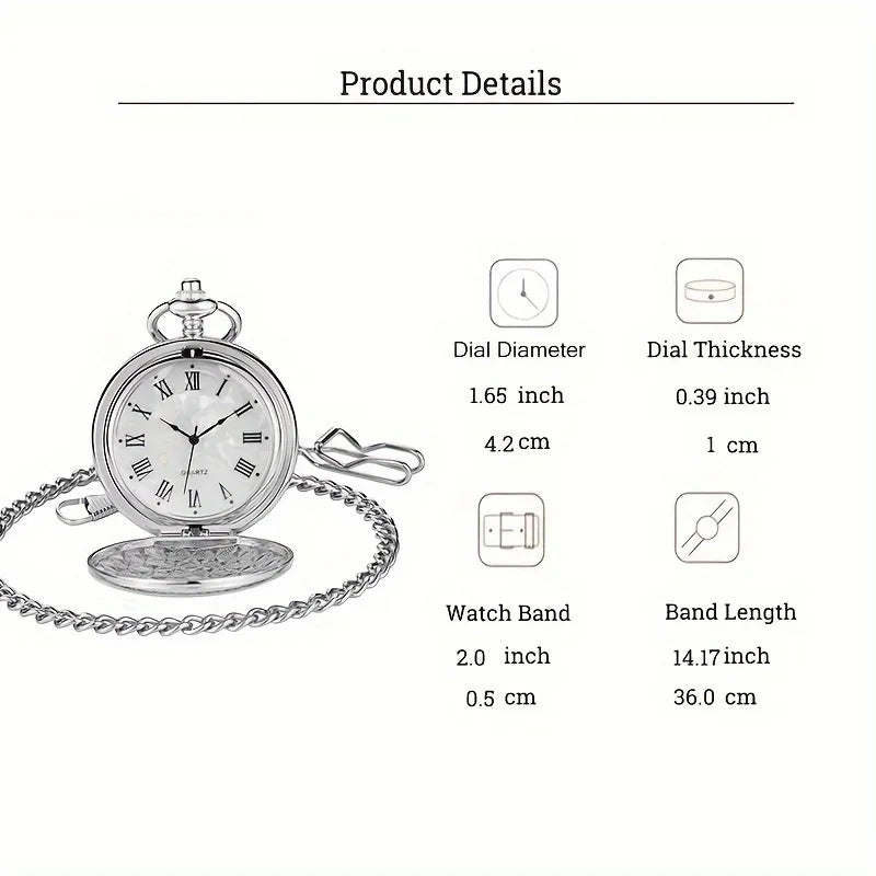 Smooth Steel Quartz Pocket Watch, Vintage Roman Number Dial Watch Qme