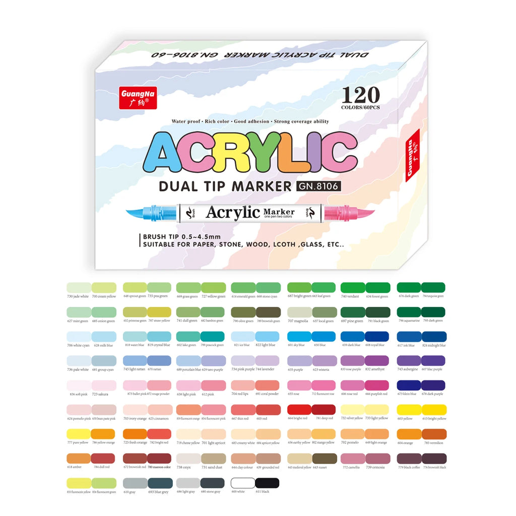 GN Dual Tip Acrylic Paint Markers,Brush Tip Permanent Acrylic Pens For Ceramic,Plastic, Egg,Scrapbook,Art Painting Supplies Qme 60 Pcs-120 Colors