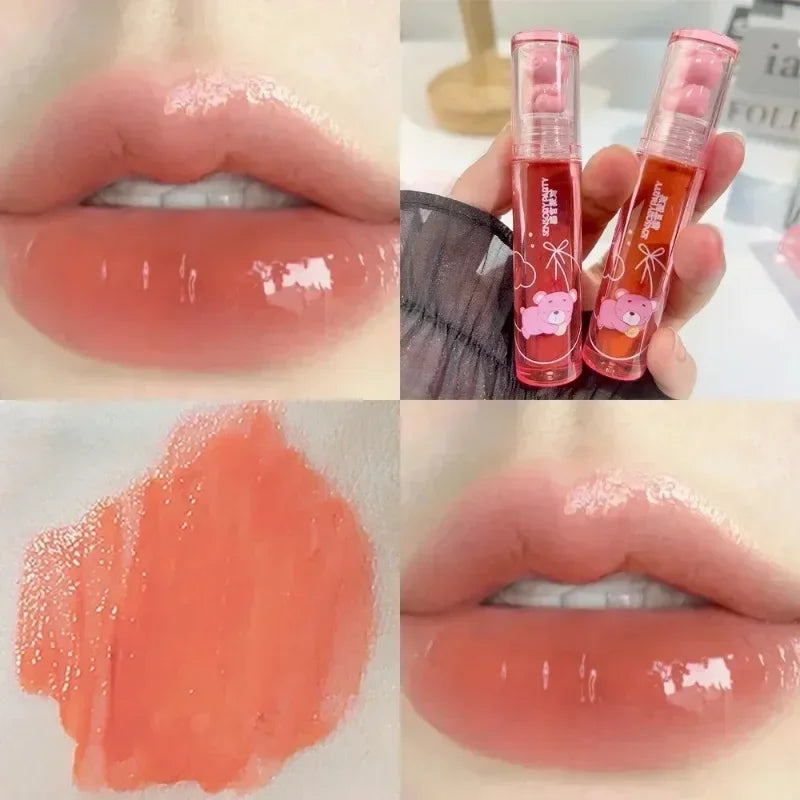 Cute Pink Bear Water Light Lip Gloss Lasting Crystal Glossy Lip Glaze Mirror Nude Liquid Lipstick Women Lips Makeup Cosmetics Qme 06