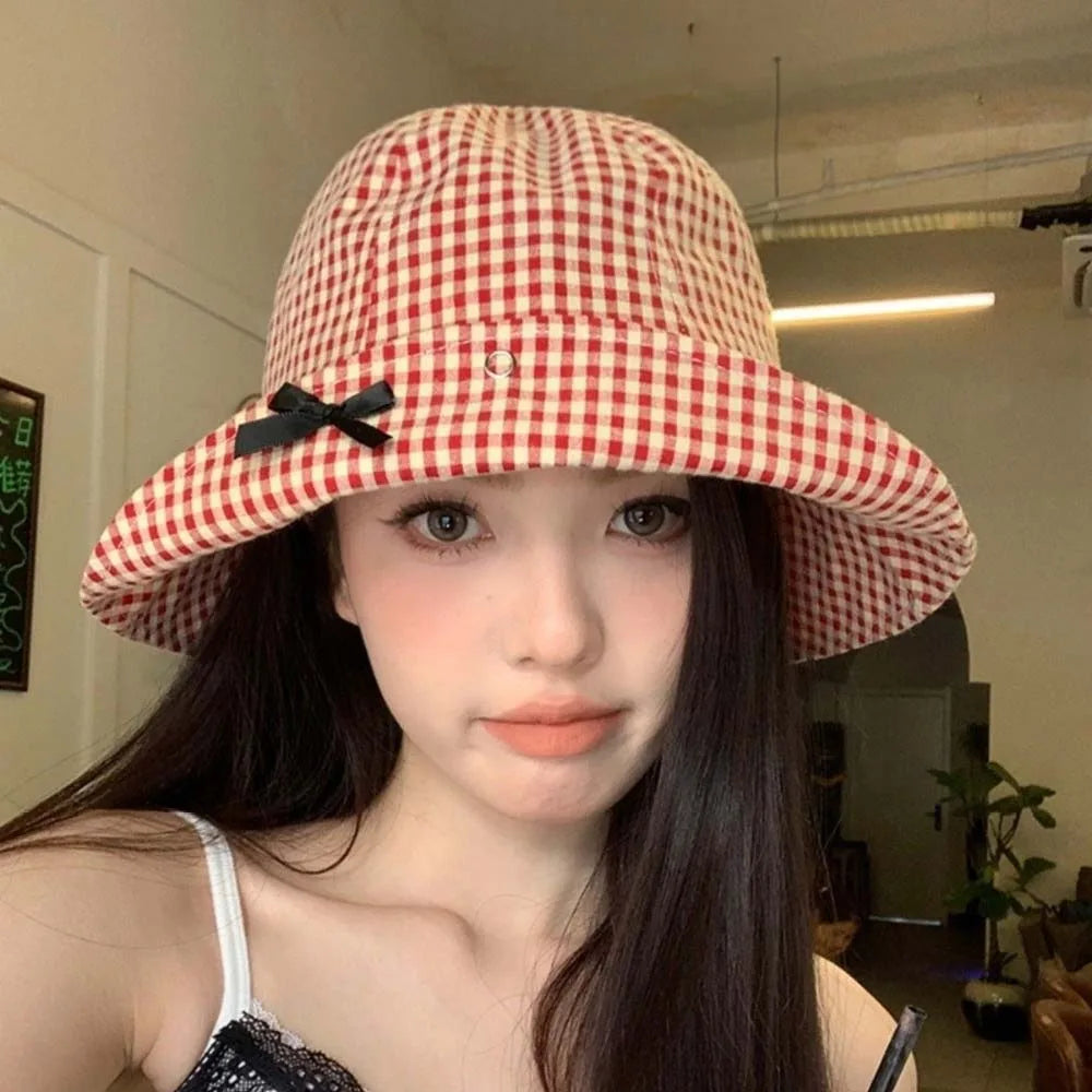 Stylish Black Bowknot Plaid Bucket Hat Casual Gingham Check Wide Brim Sun Hat Dome Basin Versatile Fisherman Hat Vacation Qme Red