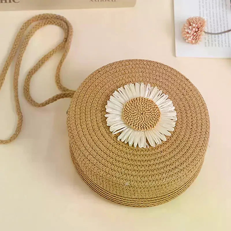 Floral Circle Straw Crossbody Bag: Vintage Mini Shoulder Purse with Graphic Decor for Women's Summer Beach & Casual Outings Qme