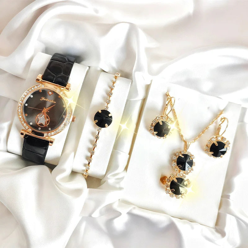 6-piece women's round quartz watch set gift box, large diamond bracelet set, watch set Qme black