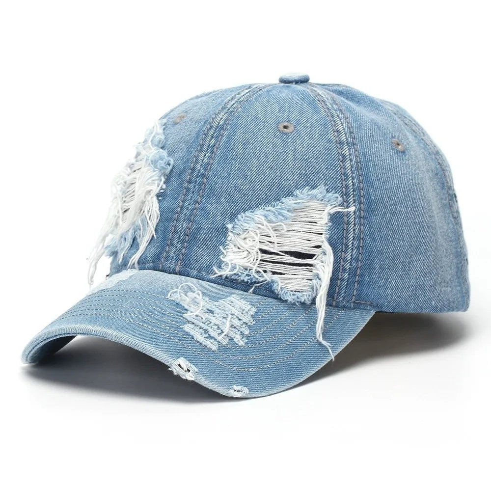 Retro Ripped Washed Denim Baseball Cap Frayed Soft Duckbill Curved Qme Blue